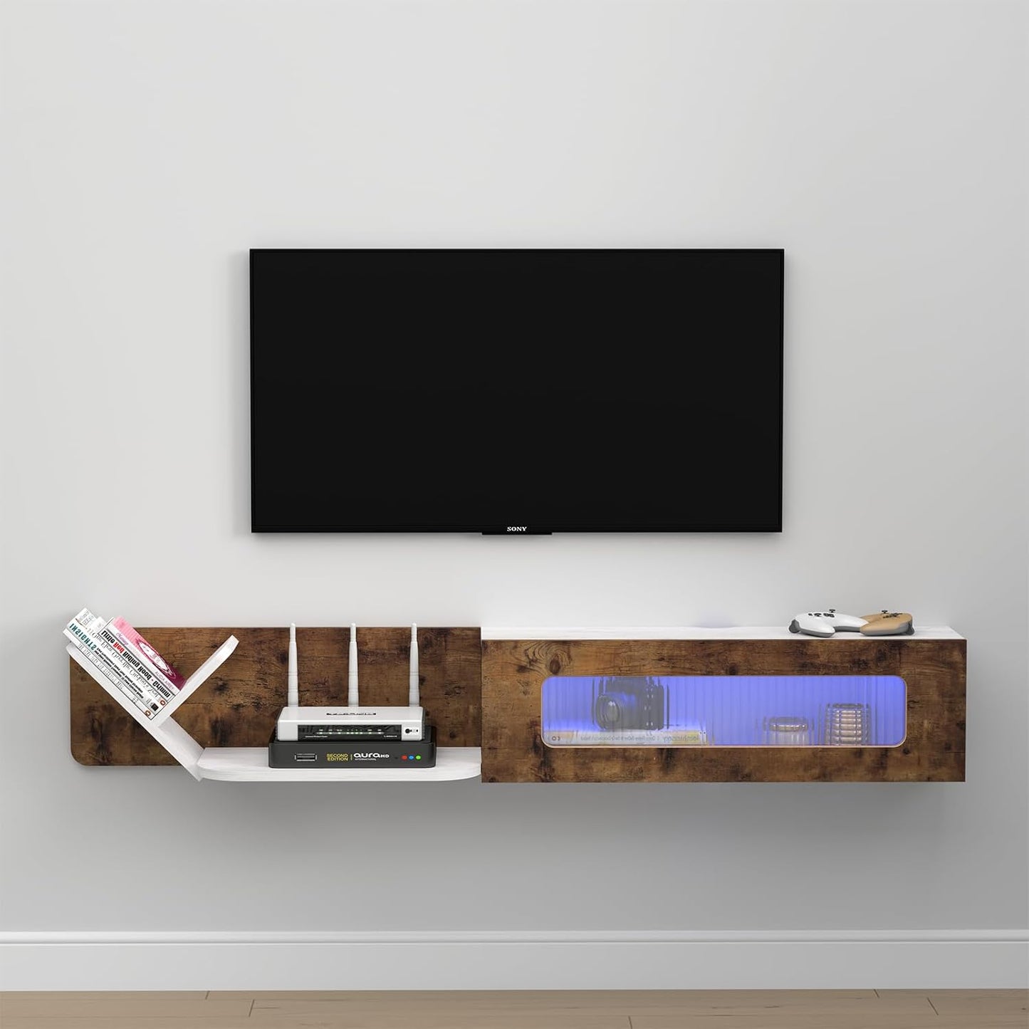 (New Open Box) Pmnianhua Rustic Floating TV Stand with LED Lights,59'' Wall Mounted TV Cosole,Under TV Shelf,Floating Entertainment Center with Glass Door and Storage for Projector,Bedroom Playroom