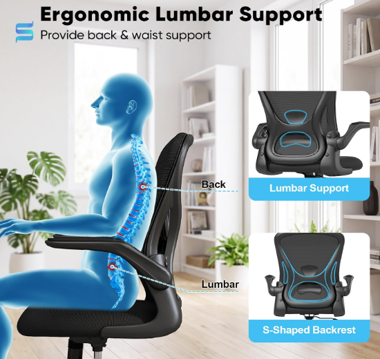 (New Open Box) Sytas Office Chair, Ergonomic Desk Chair with Lumbar Support, Adjustable Height & Flip-Up Armrests, Mesh Computer Chair, Comfy Swivel Chair for Home Office and Guitar Playing, 300 Lbs (Modern, Black)