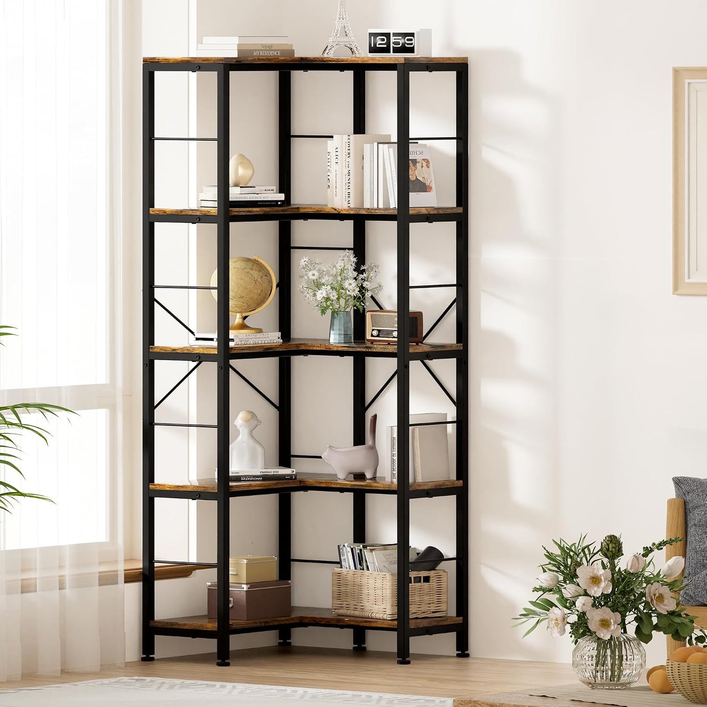 (New Open Box) Gujiam 5-Tier Corner Bookshelf, 70.86" Tall Corner Bookcase,5-Shelf Industrial L-Shaped Coner Shelf with Metal Frame for Home Office,Living Room,Bed Room(Rustic Brown)