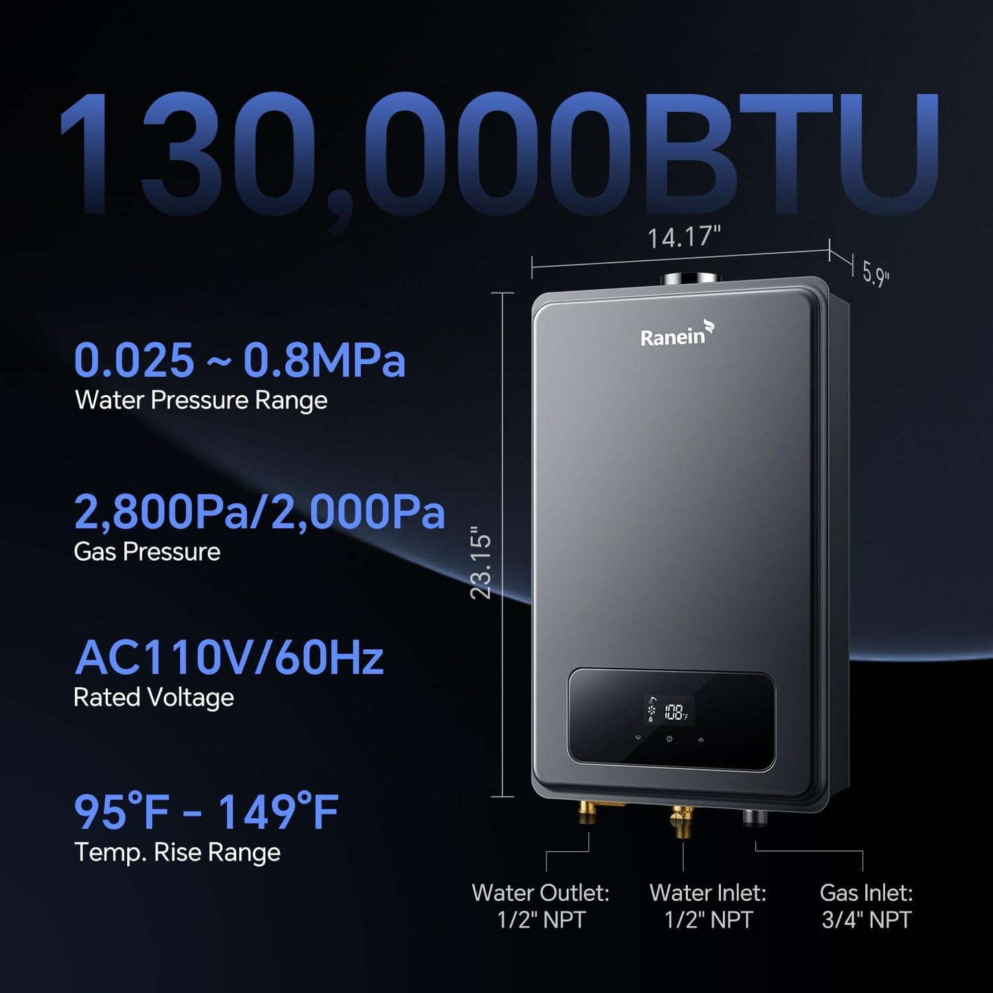 (New Open Box) Ranein Propane Gas Tankless Water Heater, Indoor Max 5.3 GPM, 130,000 BTU Instant Hot Water Heater
