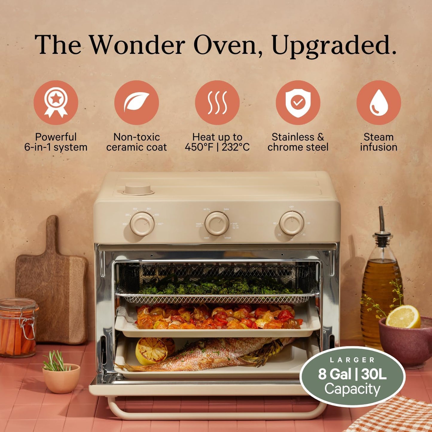 (New Open Box) Our Place Large Wonder Oven | 6-In-1 Toxin-Free Air Fryer & Toaster with Steam Infusion | Family-Sized 30L, 1700W Countertop Design | Includes Bake Tray, Fryer Basket, Large Racks | Steam