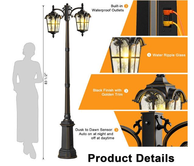 (New Open Box)  Slypadan Black Outdoor Lamp Post Light with GFCI Outlet | Dusk to Dawn