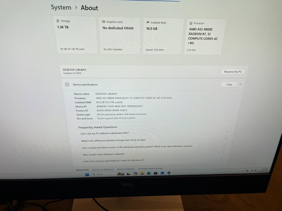 (Excellent) Dell Inspiron 24" 5475 AIO Touchscreen Desktop, AMD A12-9800, Radeon R7, 2TB, 16GB RAM, Win11,