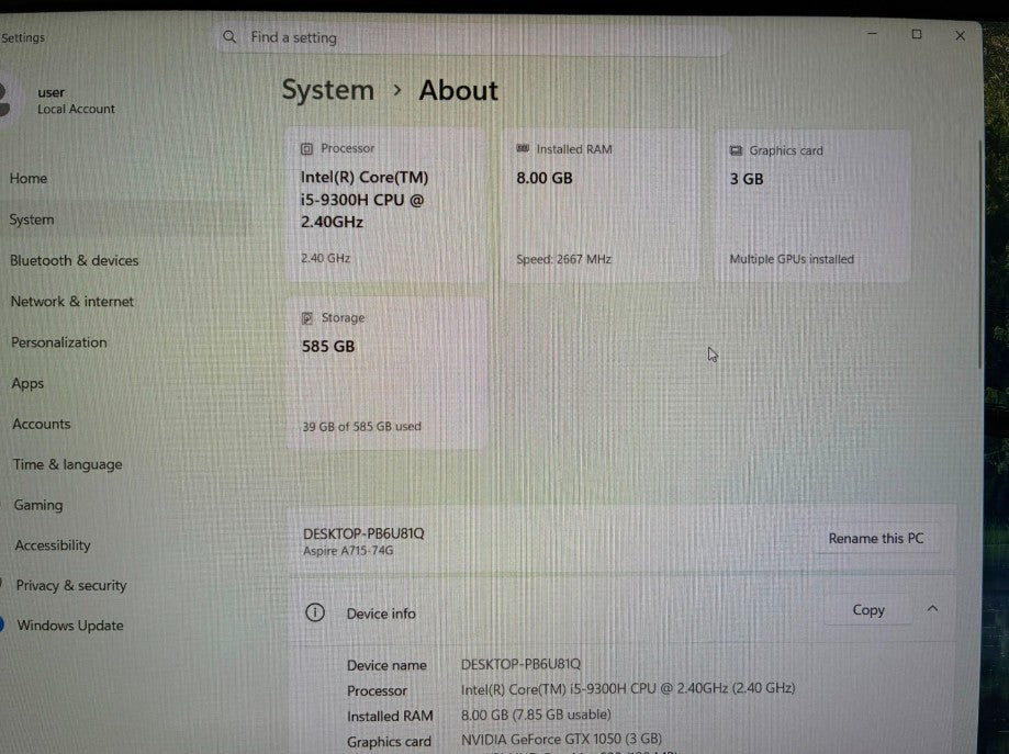 (Excellent)  Acer Aspire A715-74Gseries  | Intel Core i5-9300H • GTX 1050 3GB • 8GB RAM • 512GB SSD