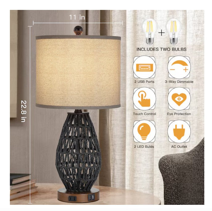 (New Open Box)  Rattan Table Lamp Set | 22.8" Black LED Touch Lamps  (TD-95)