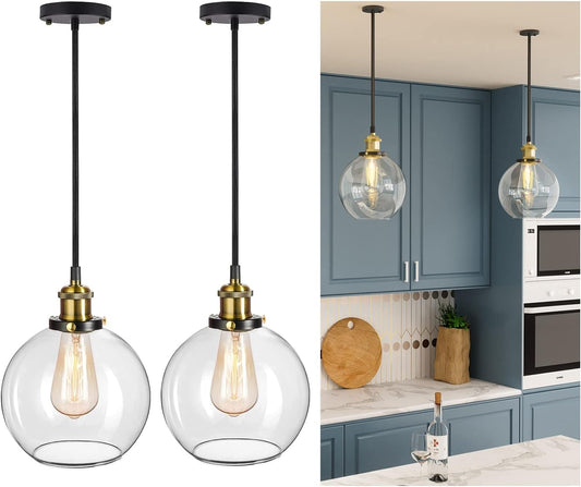 (New Open Box) Frideko Set of 2 Glass Pendant Light - 7.9 inches Globe Pendant Light, Vintage Pendant Lighting for Kitchen Island, Modern Clear Glass Kitchen Lights Ceiling Hanging for Dining Room, Kitchen