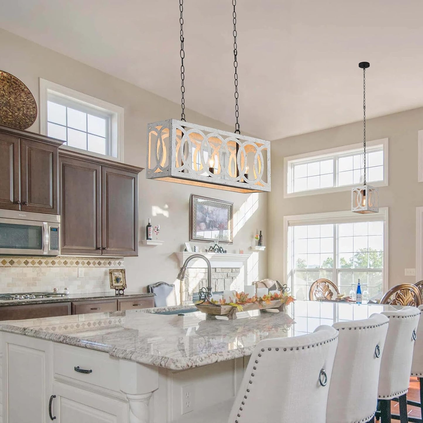 (New Open Box) PHILOMENA Kitchen Island Light Fixtures Dining Room Distressed White Rectangular Modern Farmhouse Chandelier, 3-Light Metal Rustic French Country Pendant Lighting Ceiling Light Hanging Lamp, No Wood