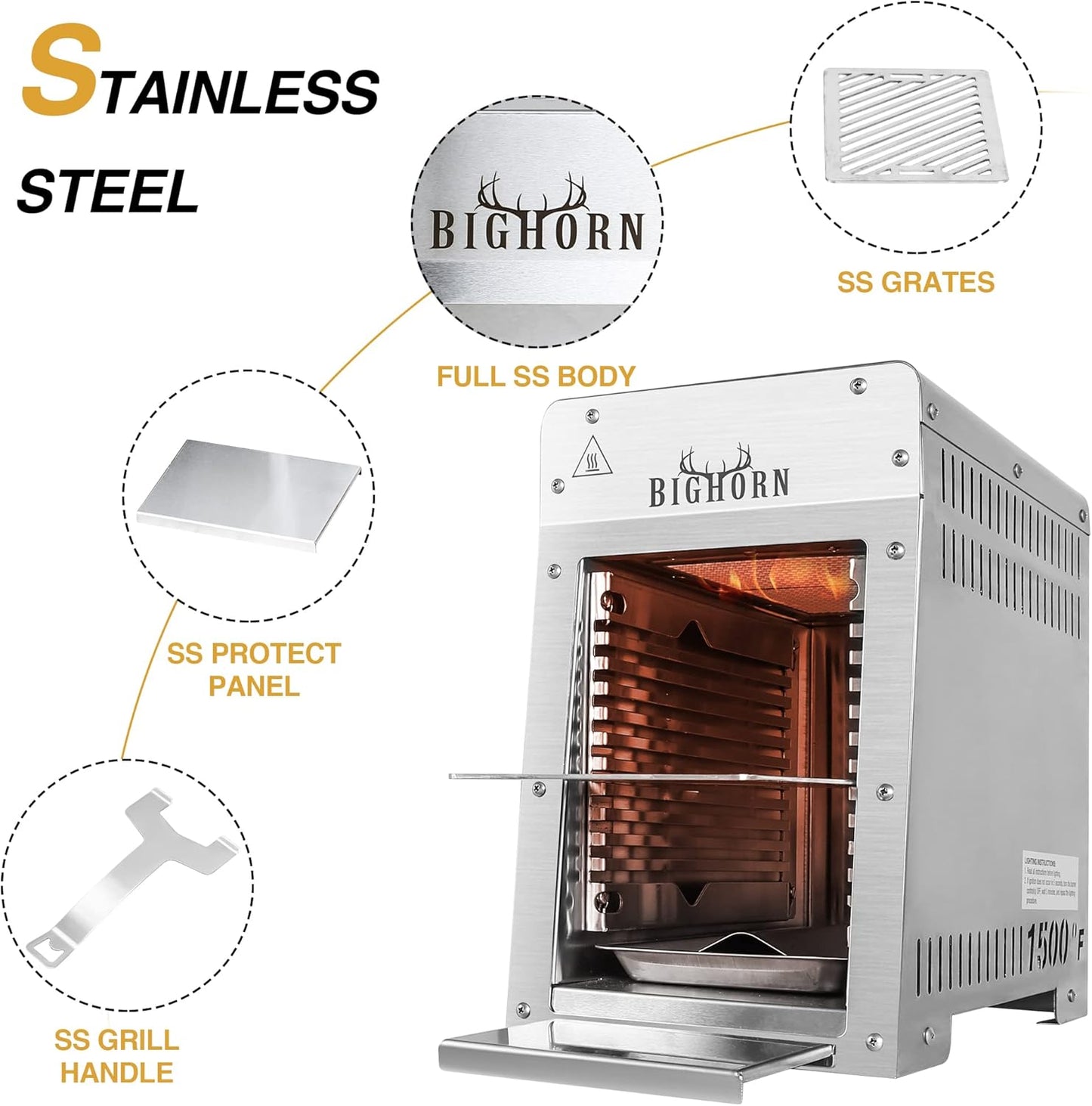 (New Open Box) BIG HORN OUTDOORS Portable Infrared Broiler Propane Gas Grill, 1500 Degree Stainless Steel Tabletop