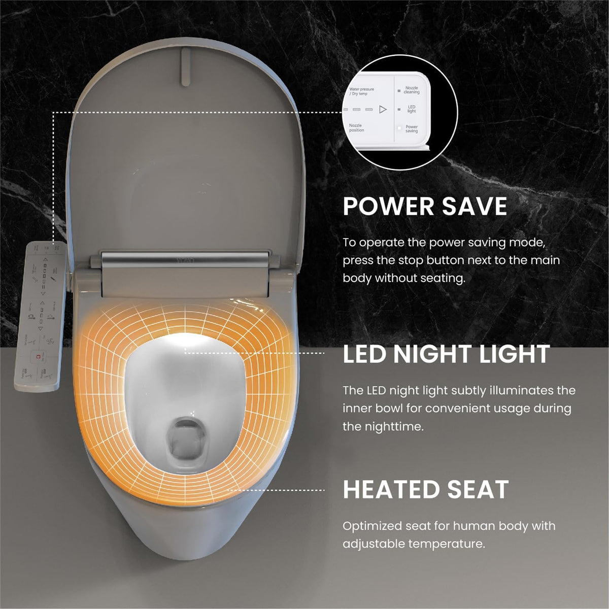 (New Open Box) VOVO VB-3000SE Elongated Bidet Toilet Seat, Warm Water, LED Light, Heated Seat, White, Dryer, Stainless Steel Nozzle