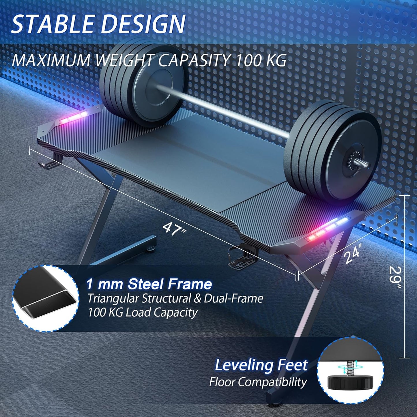 (New Open Box) HLDIRECT 47 Inch Gaming Desk with LED Lights, Home Office Gamer Desk, Ergonomic Computer Desk with Large Carbon Fiber Desktop, Computer Table with Cup Holder & Headphone Hook for Home Office