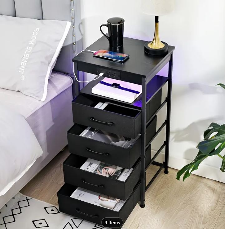 (New Open Box) 1 pc Night Stand, LED Nightstand Charging Station, End Side Tables With USB C Port & Outlet