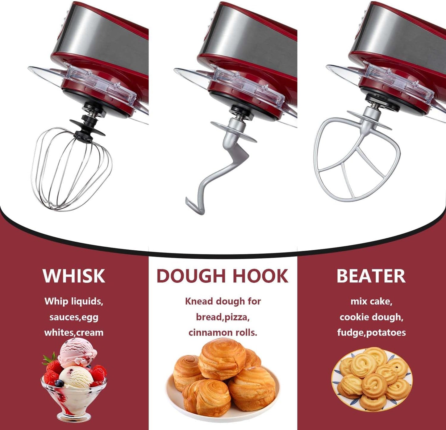 SeaSpark SC-213C Multifunctional Stand Mixer 6.3Qt 6-Speed Tilt-head, Electric Kitchen Mixer with Stainless Steel Bowl,Meat Grinder, Juice Blender