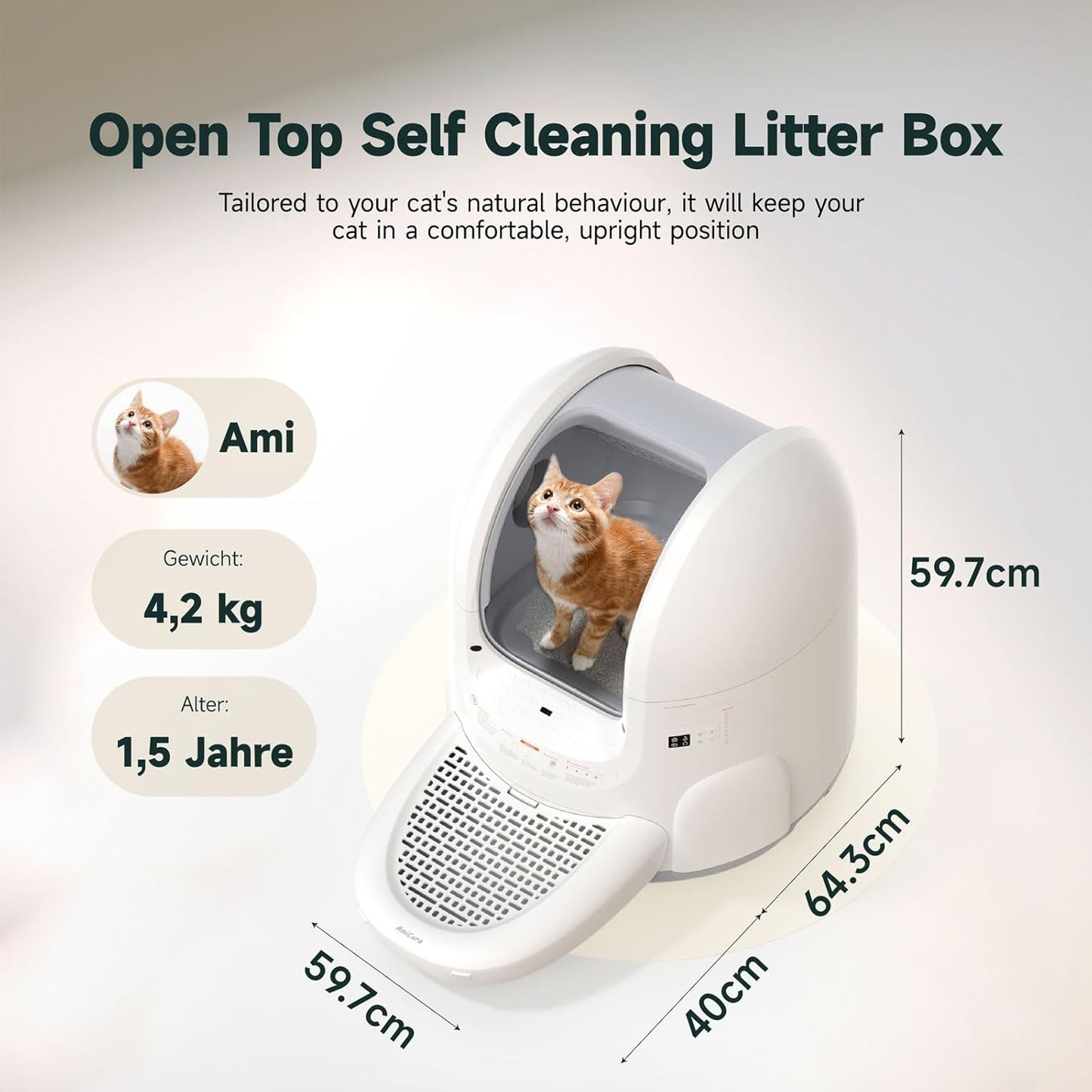(New Open Box) Amicura Automatic Cat Litter Box, Self Cleaning, 360-Degree Detection Smart Anti-Pinch