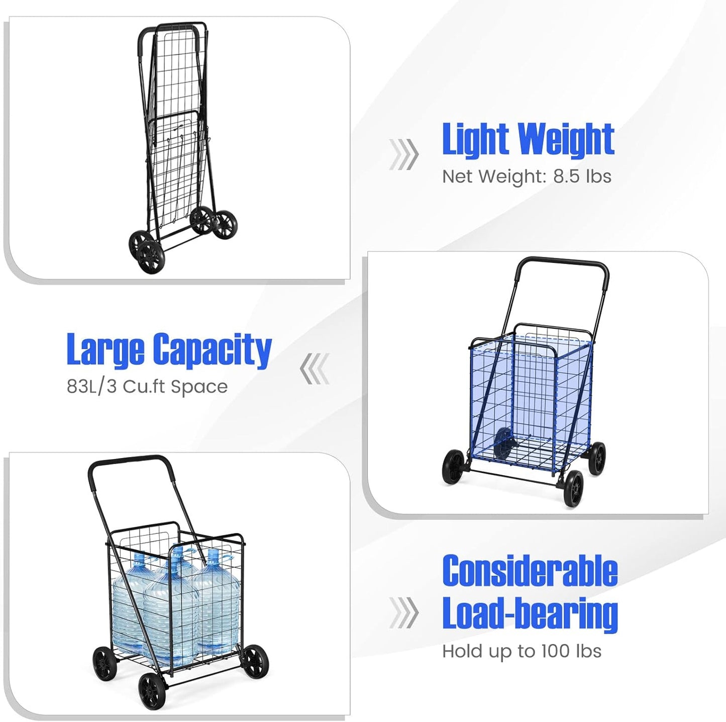 (New Open Box)  Heavy-Duty Folding Shopping Cart | 22 Gal Metal Basket • Large Wheels • Utility Rolling Cart