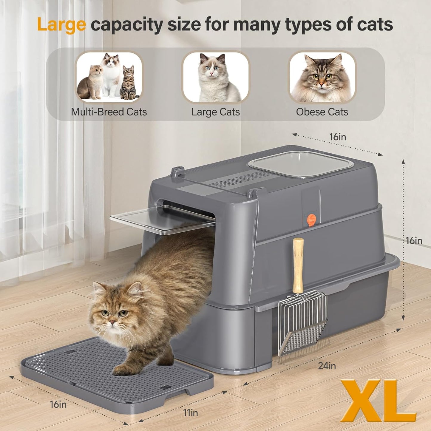 (New Open Box) Enclosed Stainless Steel Cat Litter Box with Lid，XL Large Metal Cat Box with Drawer for Big Cats,Top Exit Kitty Litter Box Includes Scoop, Filter Pedal,Odor Control, Easy Cleaning