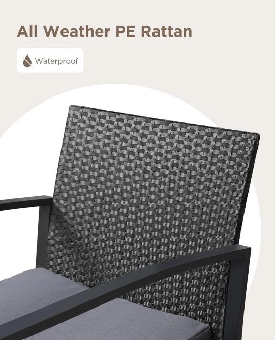 (New Open Box) 3-Piece Patio Rocking Chair Set | Rattan Conversation Set • Gray Cushions • Glass Table