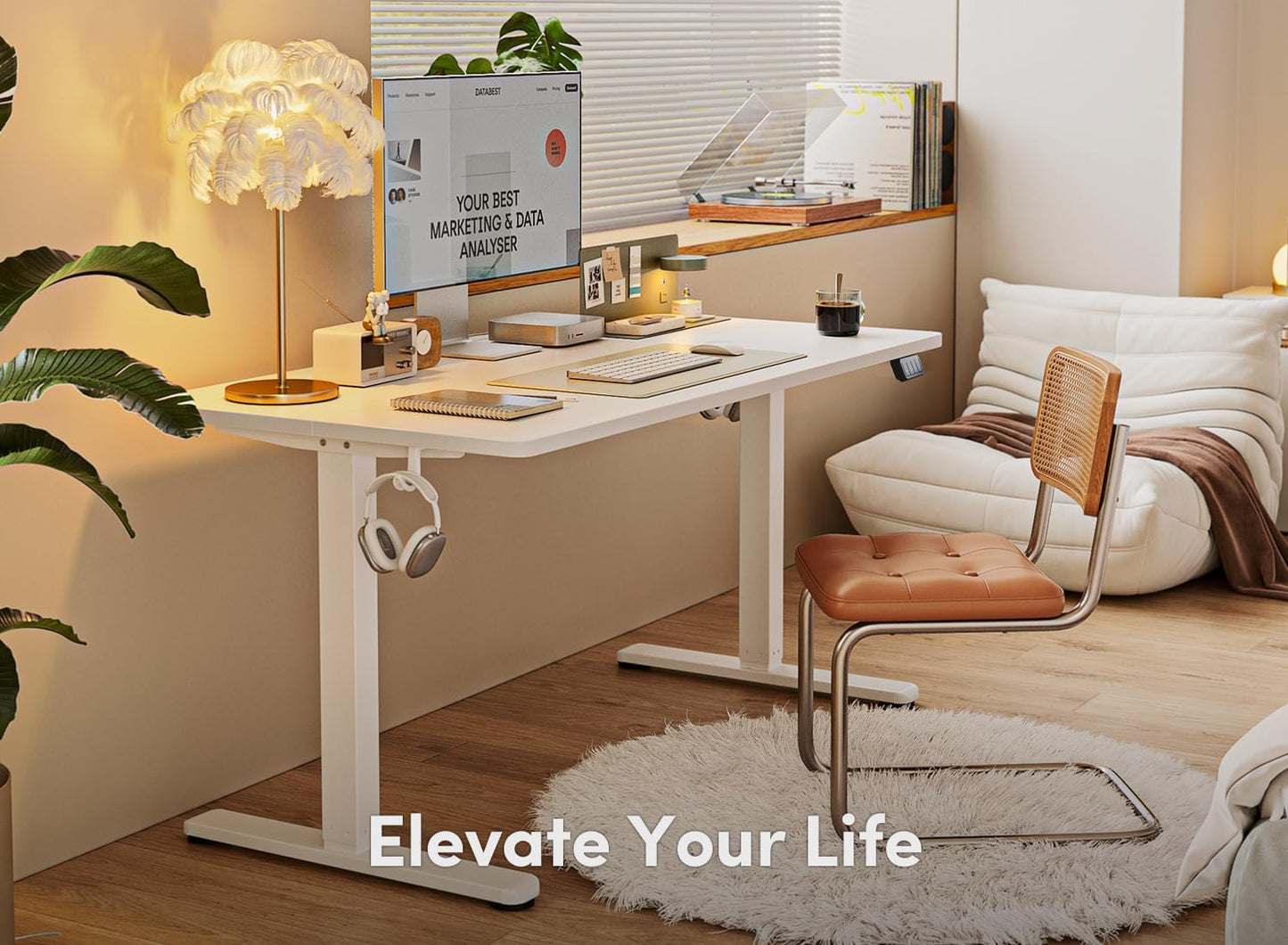 (New Open Box) FEZIBO Height Adjustable Electric Standing Desk | 48" | White Frame/White Top