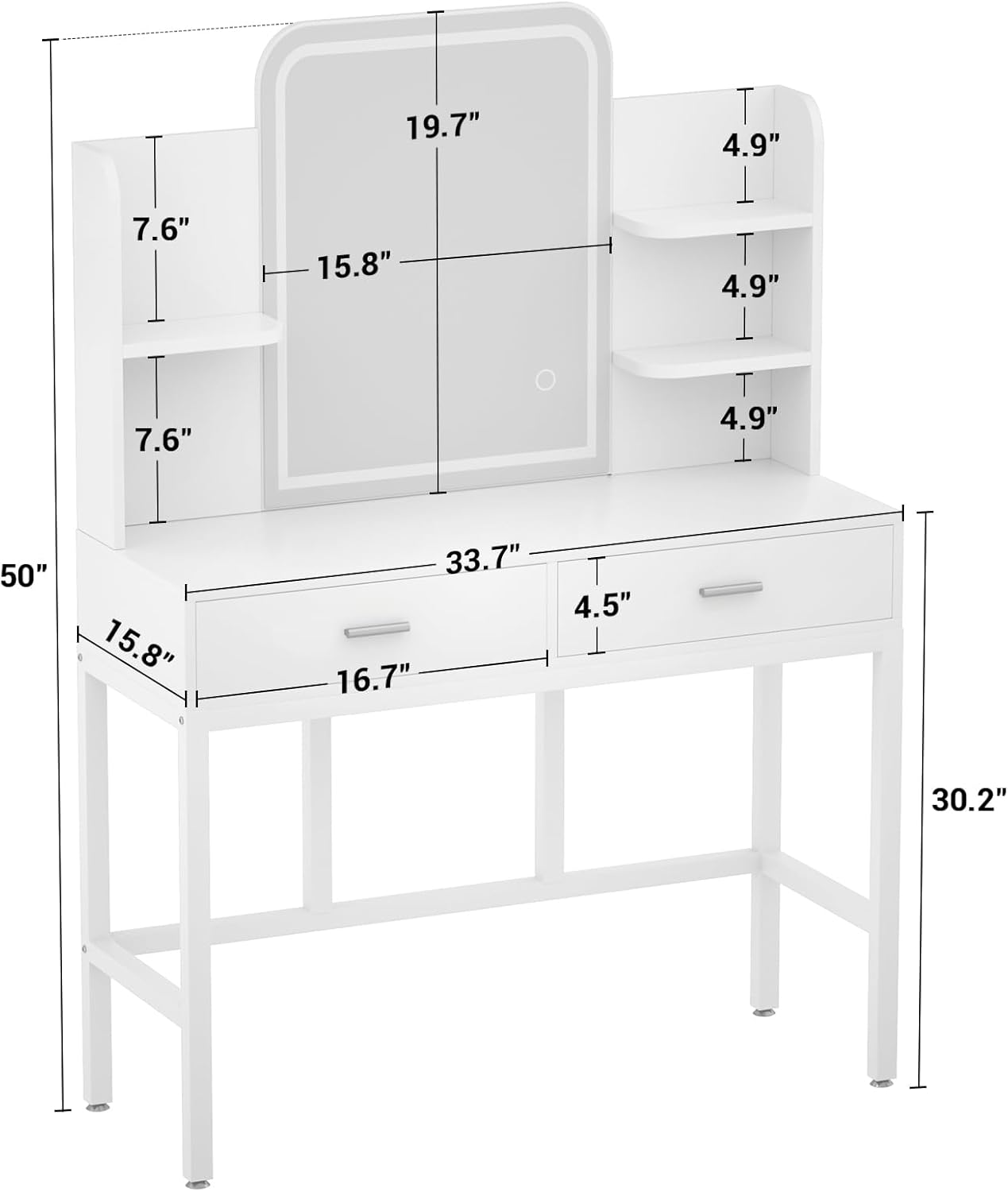 (New Open Box) Cyclysio Vanity Desk, Makeup Vanity Desk with Mirrors, Vanity Set with 2 Storage Drawers and Open Shelves, 3 Colors LED Brightness Adjustable Dressing Table, Makeup Desk for Girls and Women, White