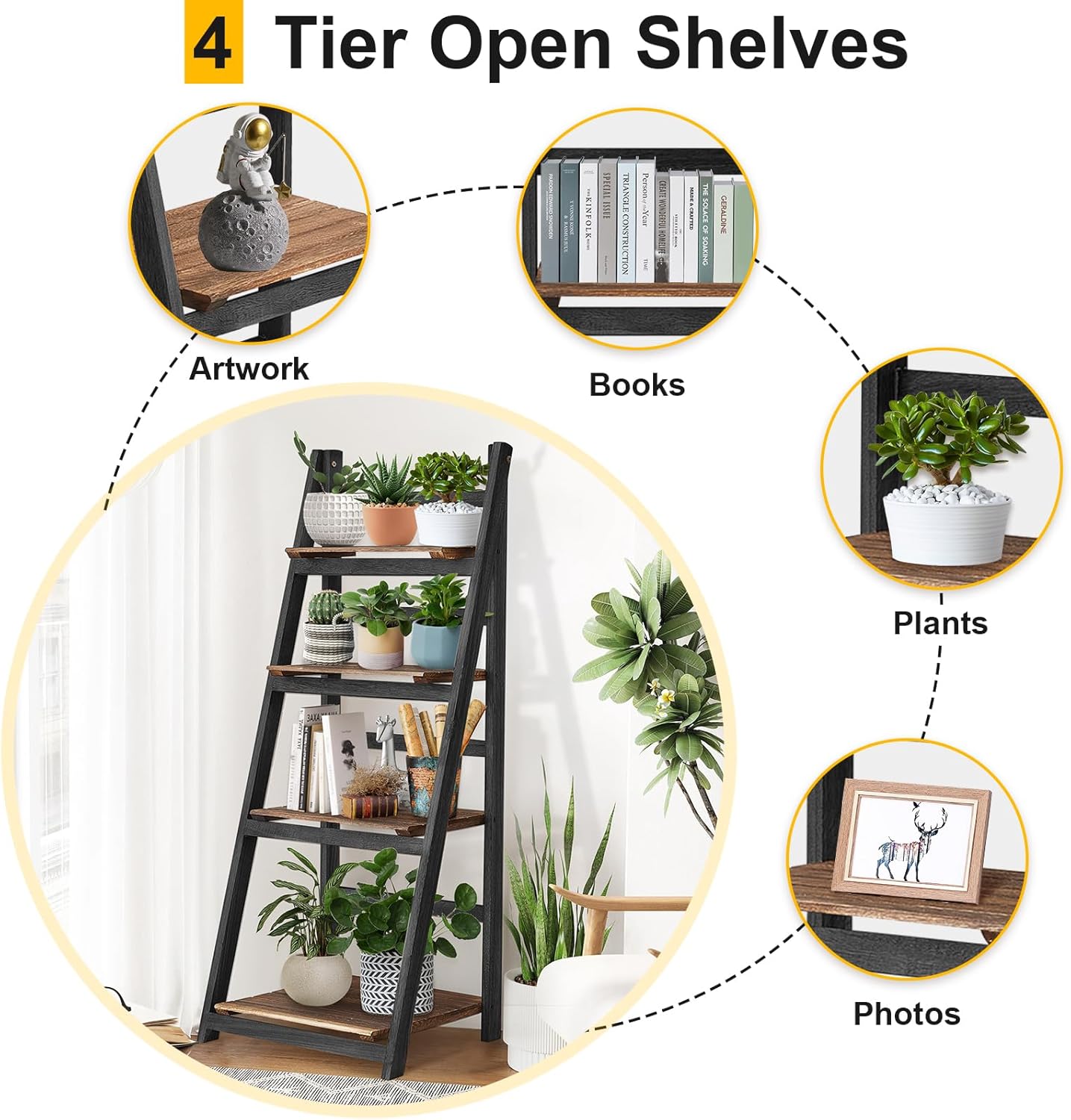 (New Open Box) Ladder Shelf, 4 Tier Ladder Shelves Rustic Solid Wood Ladder Shelf