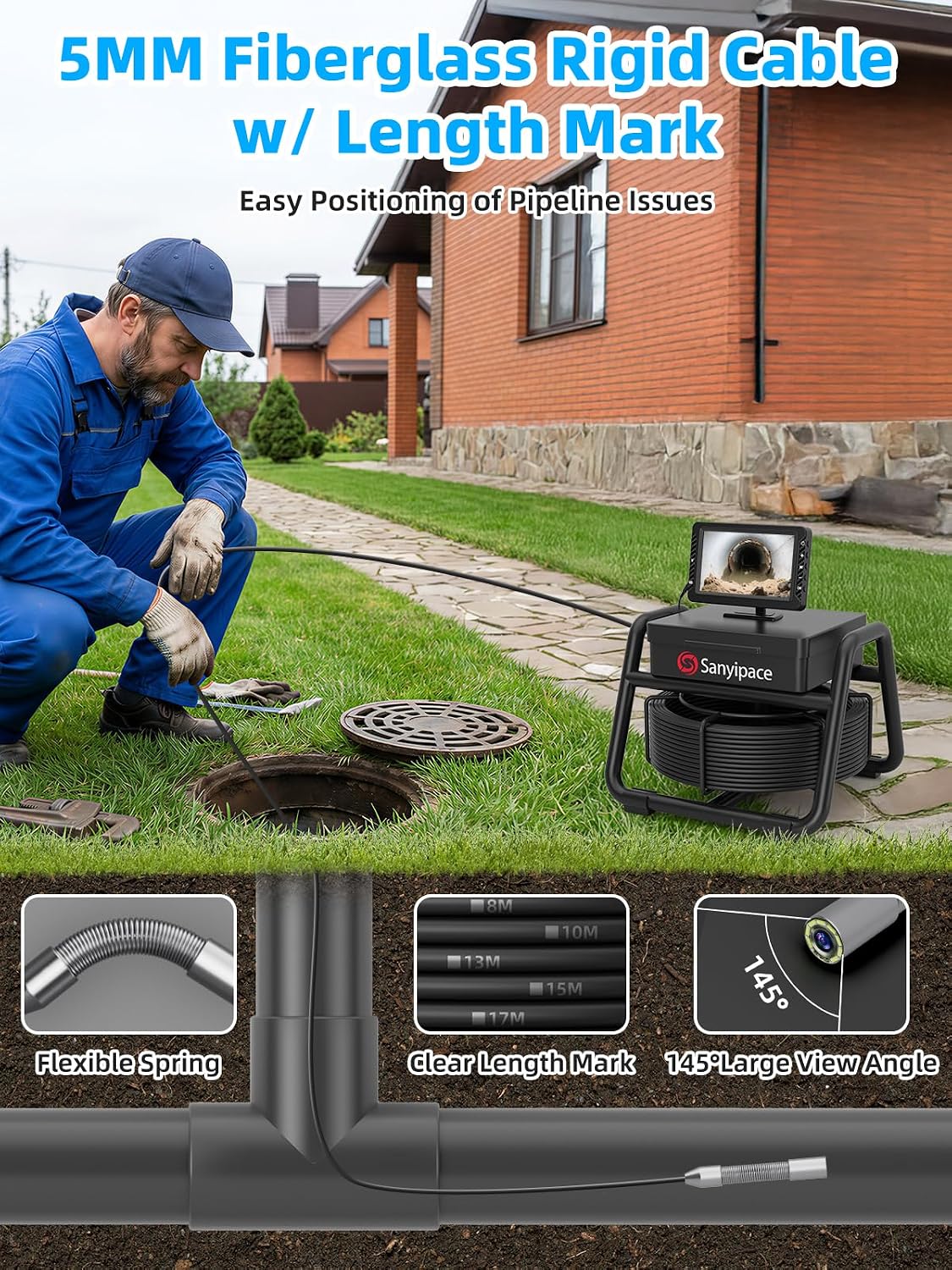 (New Open Box) Sanyipace S5517DC Drain Camera | 5" IPS 1080P HD DVR • 100FT • 16GB