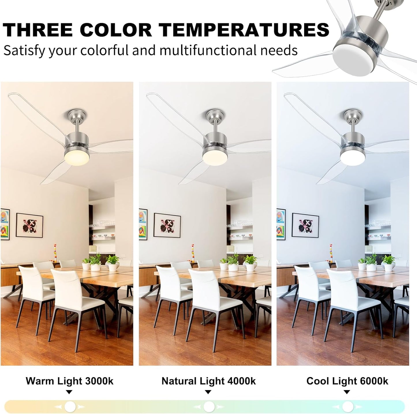 (New Open Box) OKELI 52 Inch Ceiling Fan with Light, Clear Ceiling Fans with Light and Remote 3 Reversible Blade