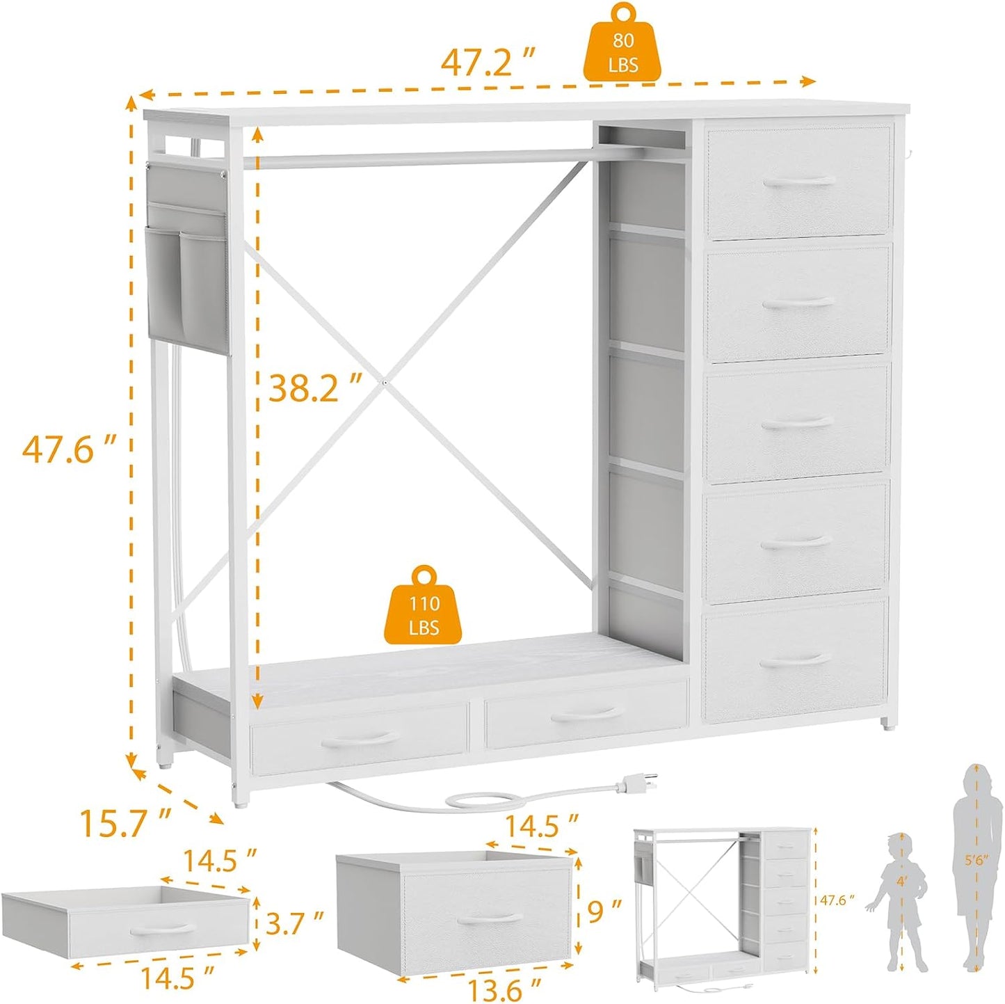 (New Open Box) SZLHANJZ Dresser for Bedroom with Hanging Rack, 7 Drawer Clothes Storage Chest with Lights and Charging Station, Wardrobe Dresser with Hooks and Pocket, Wood Top, Nursery White