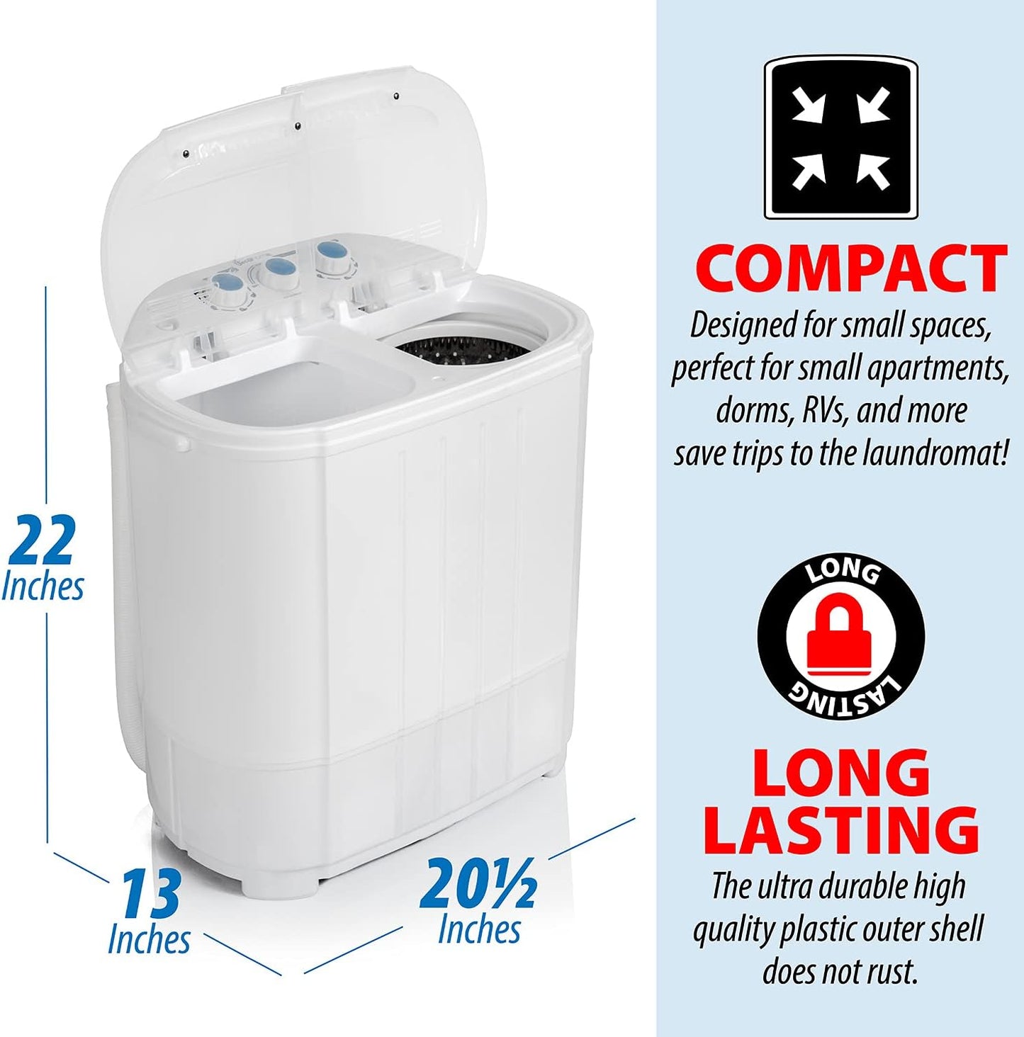 (New Open Box) Deco Home Compact Twin Tub Portable Washer, Top Load, White, 4.5 Pounds Capacity, Water & Detergent Efficient, Ideal for Dorms, Apartments, RVs