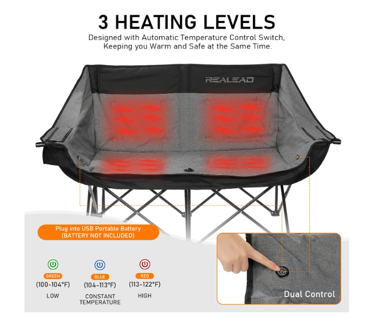 (Excellent) REALEAD Double Heated Camping Chair, 3 Heat Levels and 4 Heating Zones, Portable Heated Loveseat for Outdoor Sports, 650lb, Heated Folding Chairs for Outdoor,