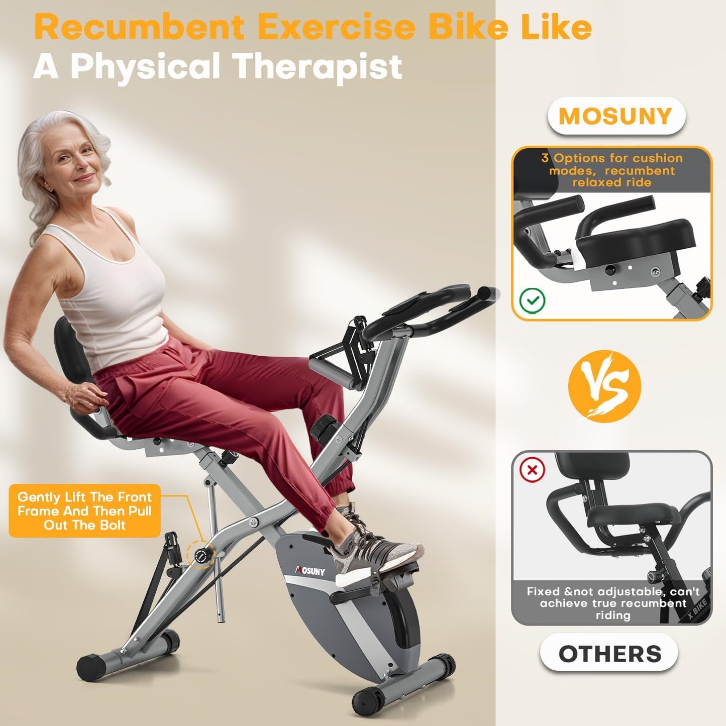 (New Open Box) MOSUNY 5-in-1 Folding Exercise Bike | 350 LBS • 16-Level Magnetic Resistance • Super-Silent