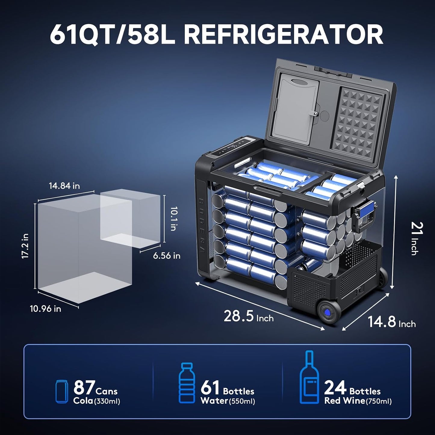 (New Open Box) BODEGACOOLER QZW58 61QT Portable Car Refrigerator | 12V • APP Control