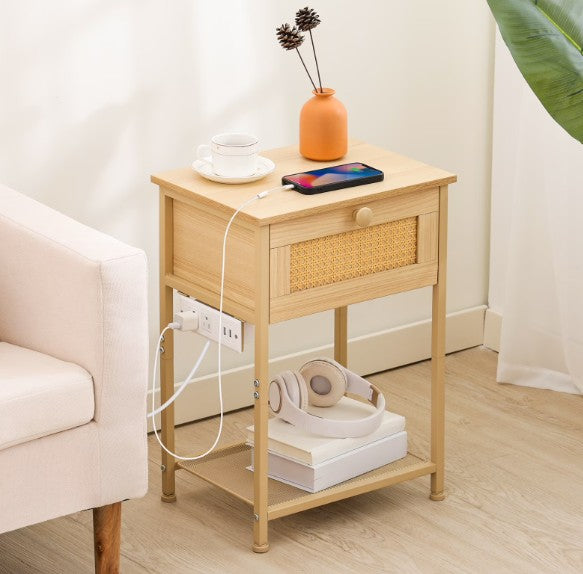 (New Open Box) 🌿🛏️ AMHANCIBLE Rattan Nightstand with Charging Station | HETRDP01BG🔌⚡