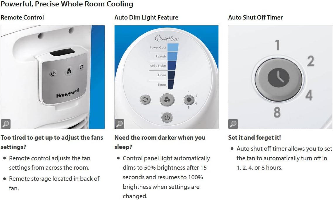 (New Open Box) Honeywell QuietSet Whole Room Oscillating Tower Fan (5 Speed Settings, Oscillating 80°, Timer Function, Auto-Off Lights, Remote Control) HYF260