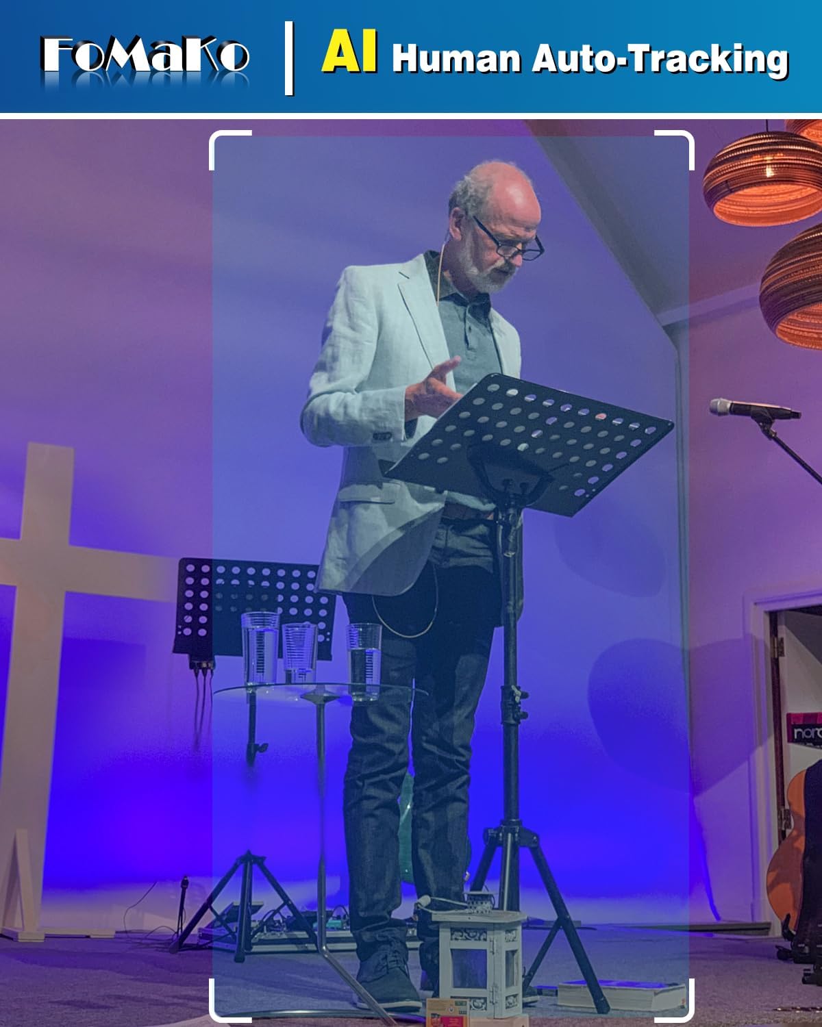 (New Open Box) FoMaKo 60FPS 4K NDI PTZ Camera, 20X Optical Zoom, 4KP60 AI Auto-Tracking, 1/1.8 UHD CMOS 8.42MP USB3.0 3G-SDI HDMI, for Church Worship Education Conference Events (K820N)