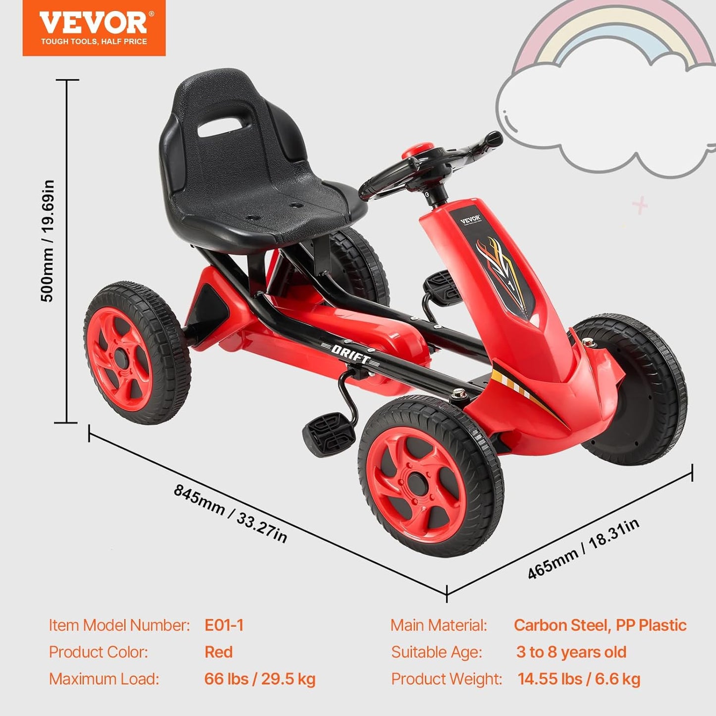 (New Open Box) VEVOR Kids Pedal Go Kart, 4 Wheel Off-Road Pedal Go Cart Ride On Toy for Kids, Steering Wheel, Adjustable Seat, Non-Slip Big Wheels, Outdoor Racer Ride On Pedal