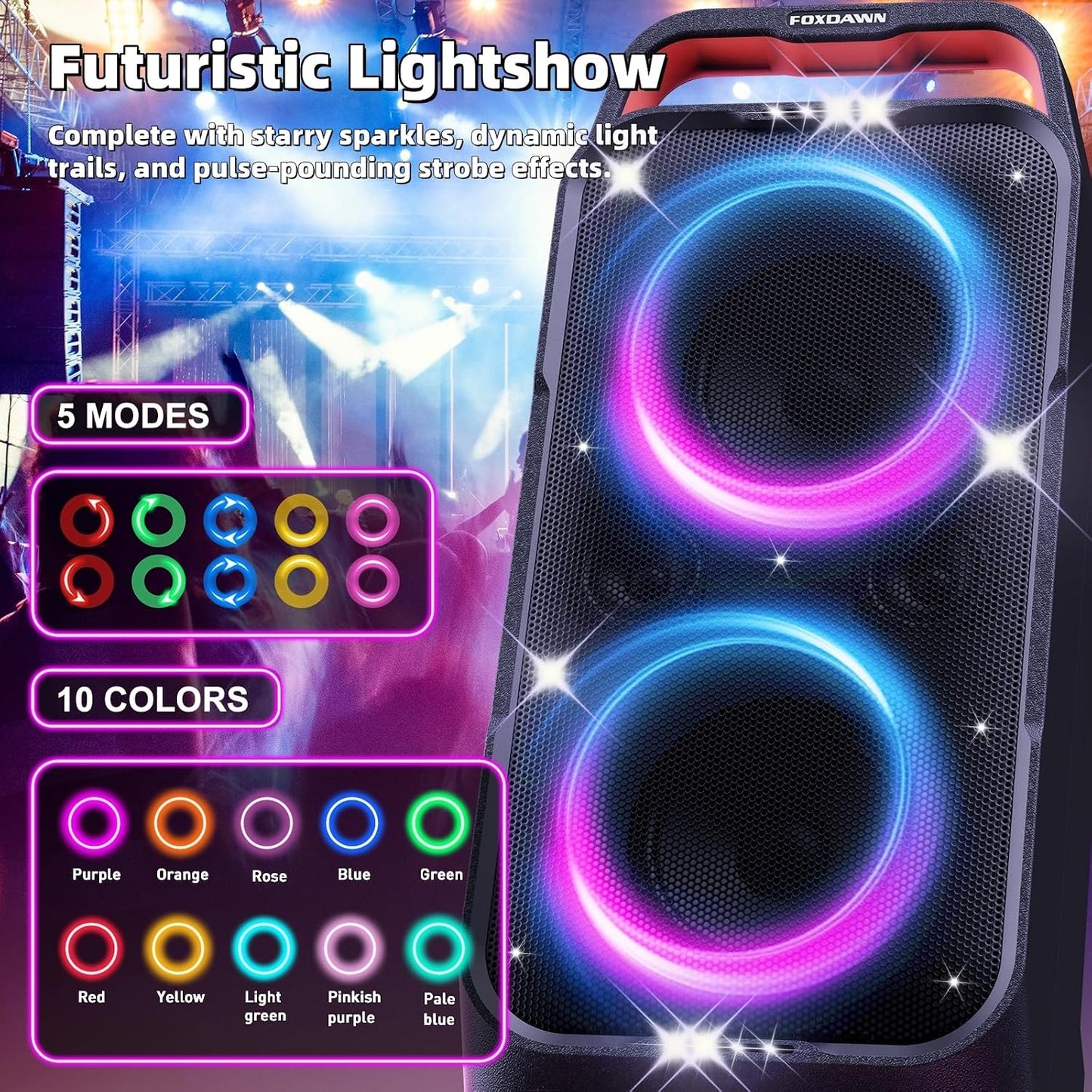 (New Open Box)  Foxdawn Portable Bluetooth Speaker – 240W Peak – Deep Bass – LED Light Show