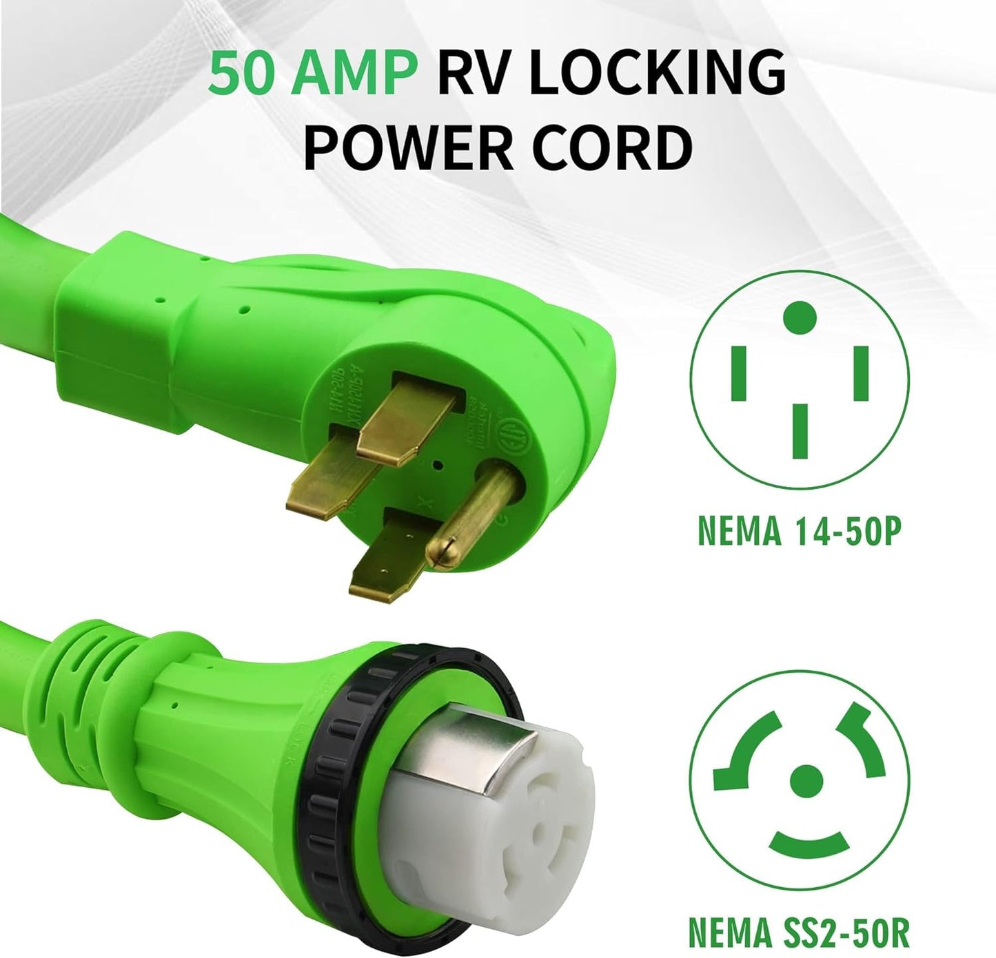 (New Open Box) Richeer 50A RV Extension Cord – 50ft | 14-50P to SS2-50R • Heavy-Duty • Locking Connector •