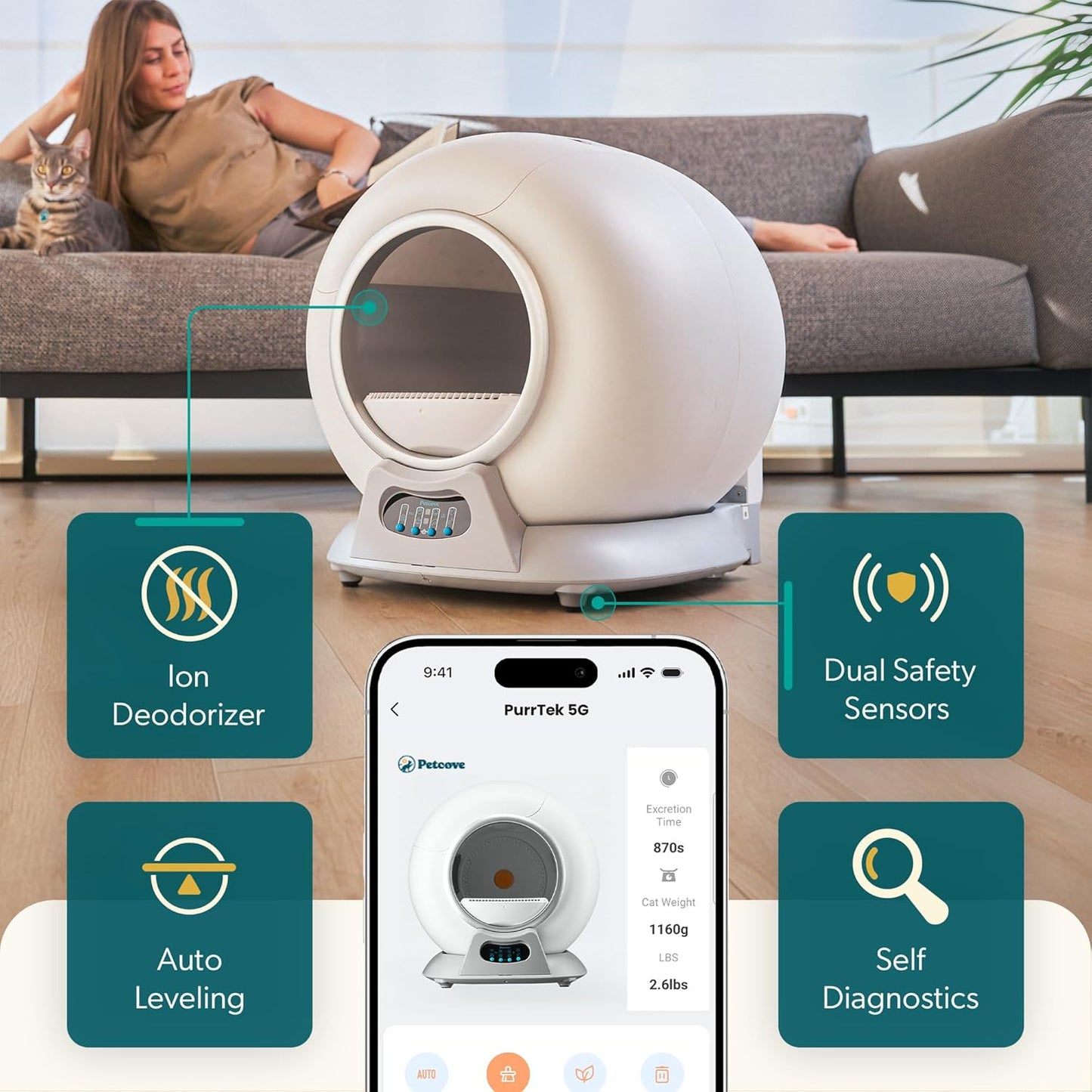 (New Open Box) PetCove Self Cleaning Litter Box - Automatic Cat Litter Box up to 75L, App‑Control Cat Litter Box with Integrated Safety Protection, Advanced Odor Control & Smart Weight Monitoring with Cat Litter Bag