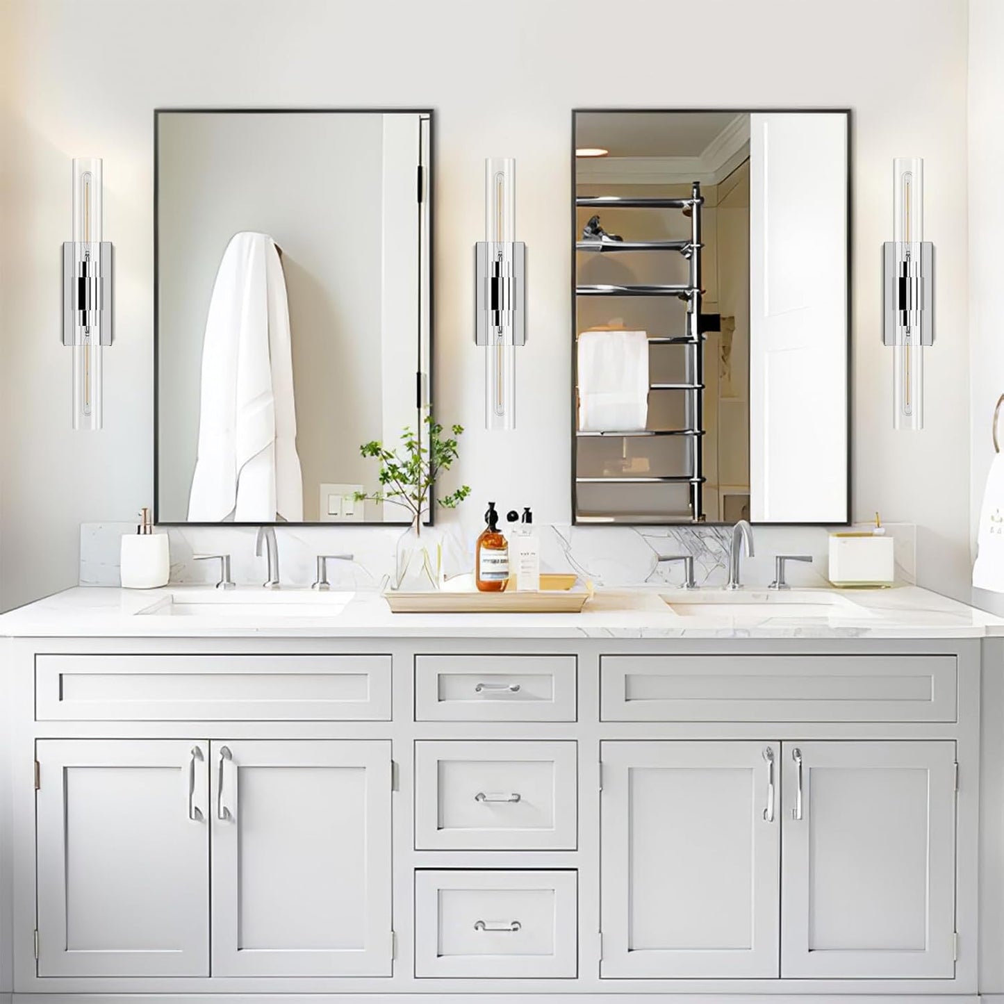 (New Open Box)  YUYI Nickel Wall Sconces Set of 2 | Clear Glass Shades • Modern Indoor Vanity Lighting •HB-76