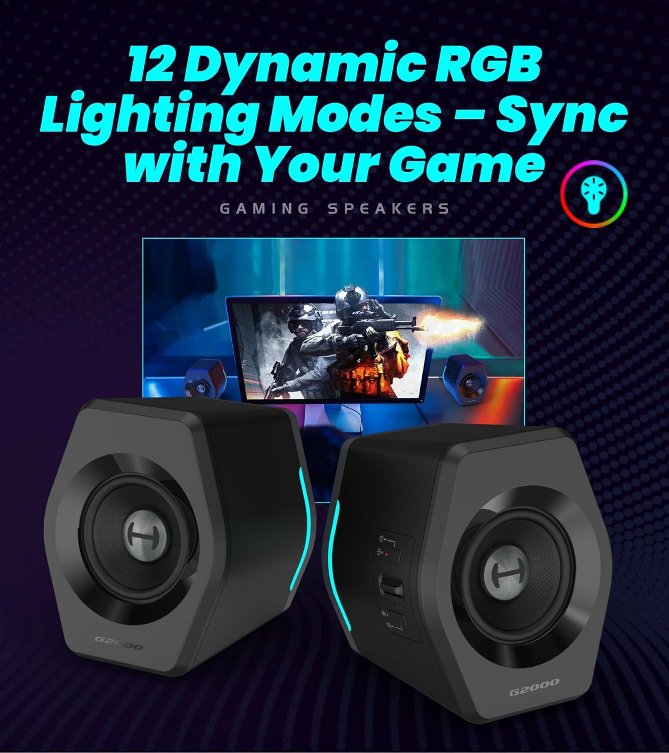 (New Open Box) Edifier G2000 RGB Gaming Speakers, 32W Peak Power, Compact Design for PC/PS4/Desktop, Bluetooth 5.1, 3.5mm AUX, Game/Movie/Music Modes, 12 RGB Lighting Effects - Black