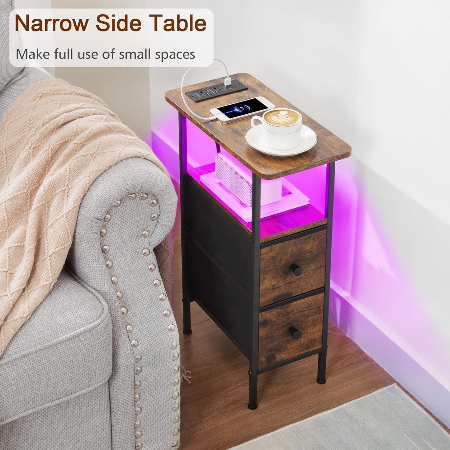 (New Open Box) LOAKEKEL Narrow Side Table with Charging Station, LED Light, Skinny Nightstand with Fabric Drawer, Slim Sofa Table for Bedroom, Small Spaces, Couch, Brown, TETNDP02LBR-1