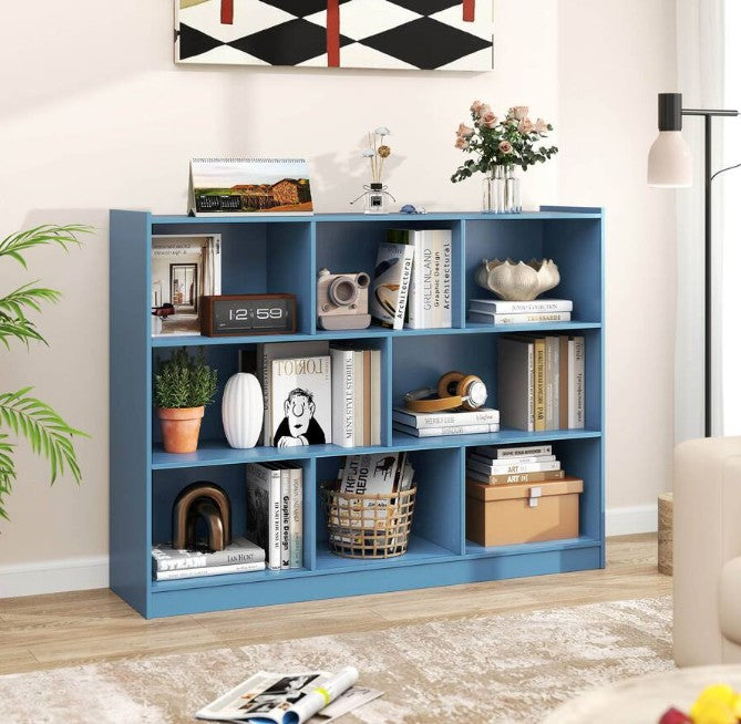 (New Open Box)  8 Cube 3-Tier Open Wooden Bookshelf & Toy Storage Organizer | Anti-Toppling • Blue