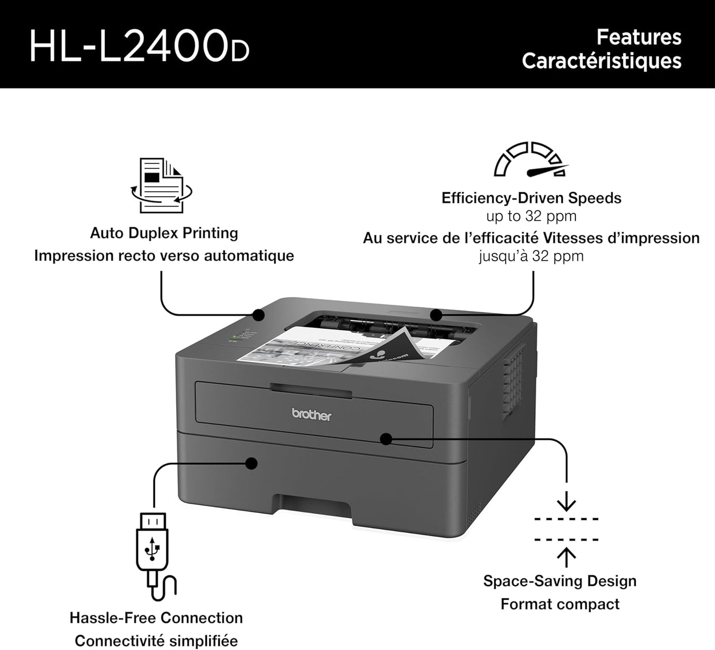(New Open Box) Brother HL-L2400D Compact Monochrome Laser Printer with Duplex Printing, USB connectivity