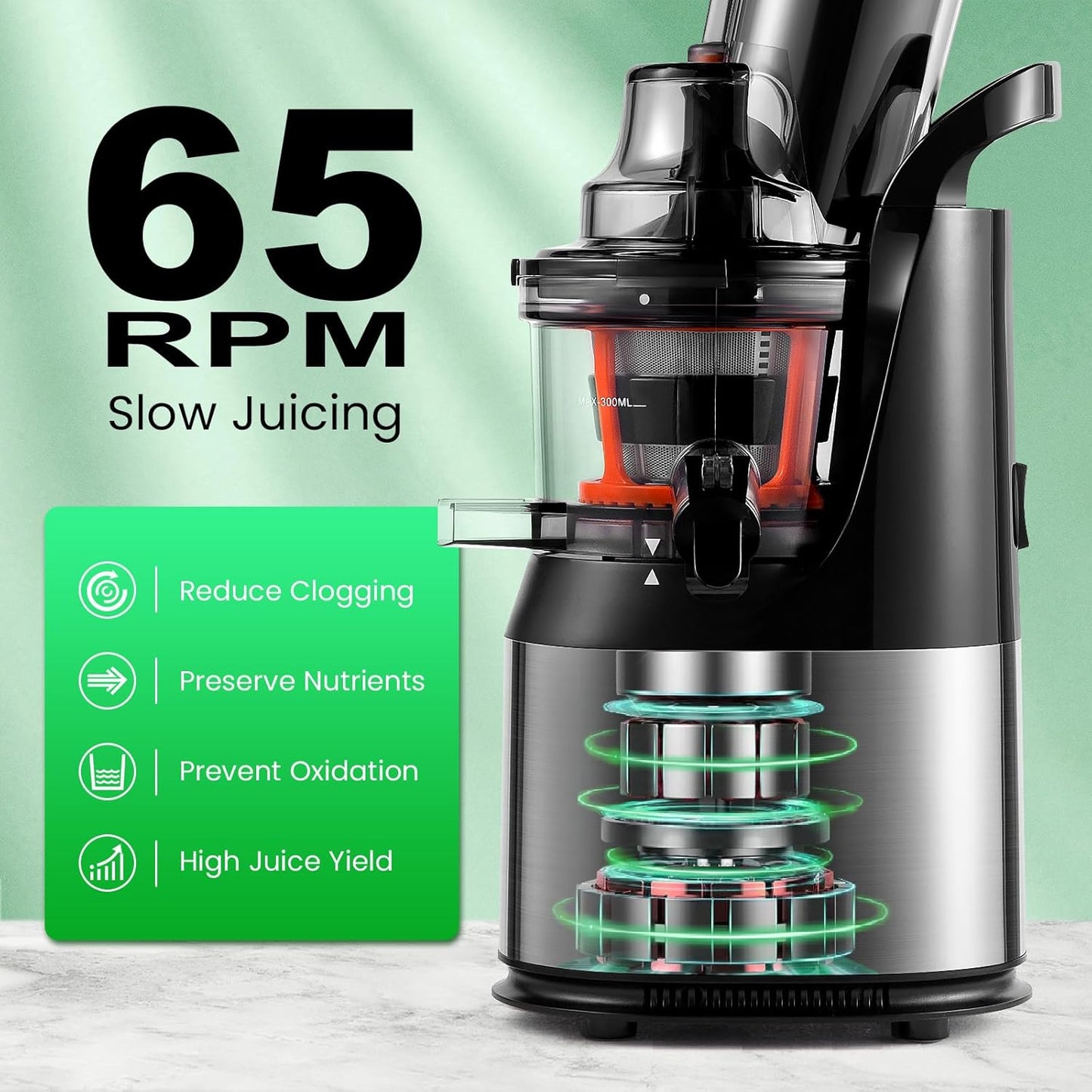 (Excellent) Ventray Cold Press Juicer, 3'' Wide Feed Chute Slow Masticating Juicer Machine for Whole Fruits & Vegetables, 240W, Easy to Clean, High Juice Yield, BPA Free