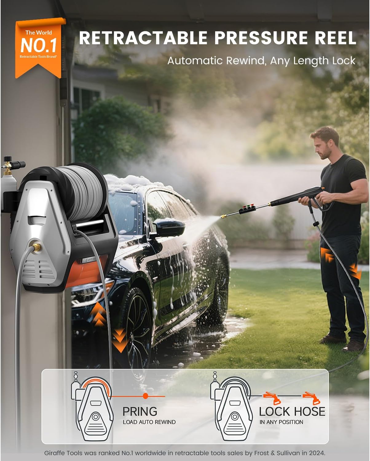 (Excellent) Giraffe Tools Wall Mounted Pressure Washer PRO with Upgraded 1800W Brushless Motor, Max 3700PSI Electric Power Washer with 100ft Detachable Hose for Car/Patios, Automatic Rewind, Any Length Lock