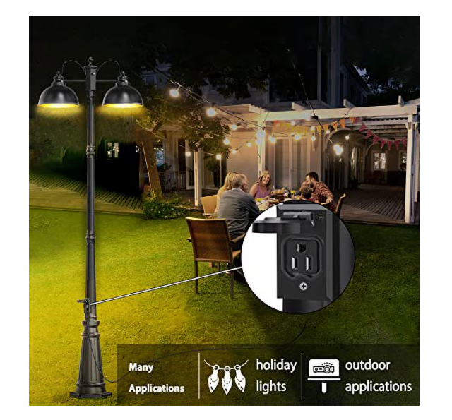 (New Open Box)  APOTO Double-Head Outdoor Lamp Post Light | Dusk to Dawn • GFCI Outlet • Black Aluminum