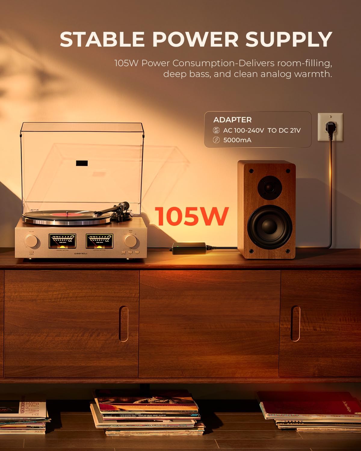 (New Open Box) QLEARSOUL HiFire X Vinyl Record Player, Audiophile HiFi Turntables System with 100W Bookshelf Speakers,VU Meter, DSP Preamp, Support 33/45 RPM, RCA LINE in | Out