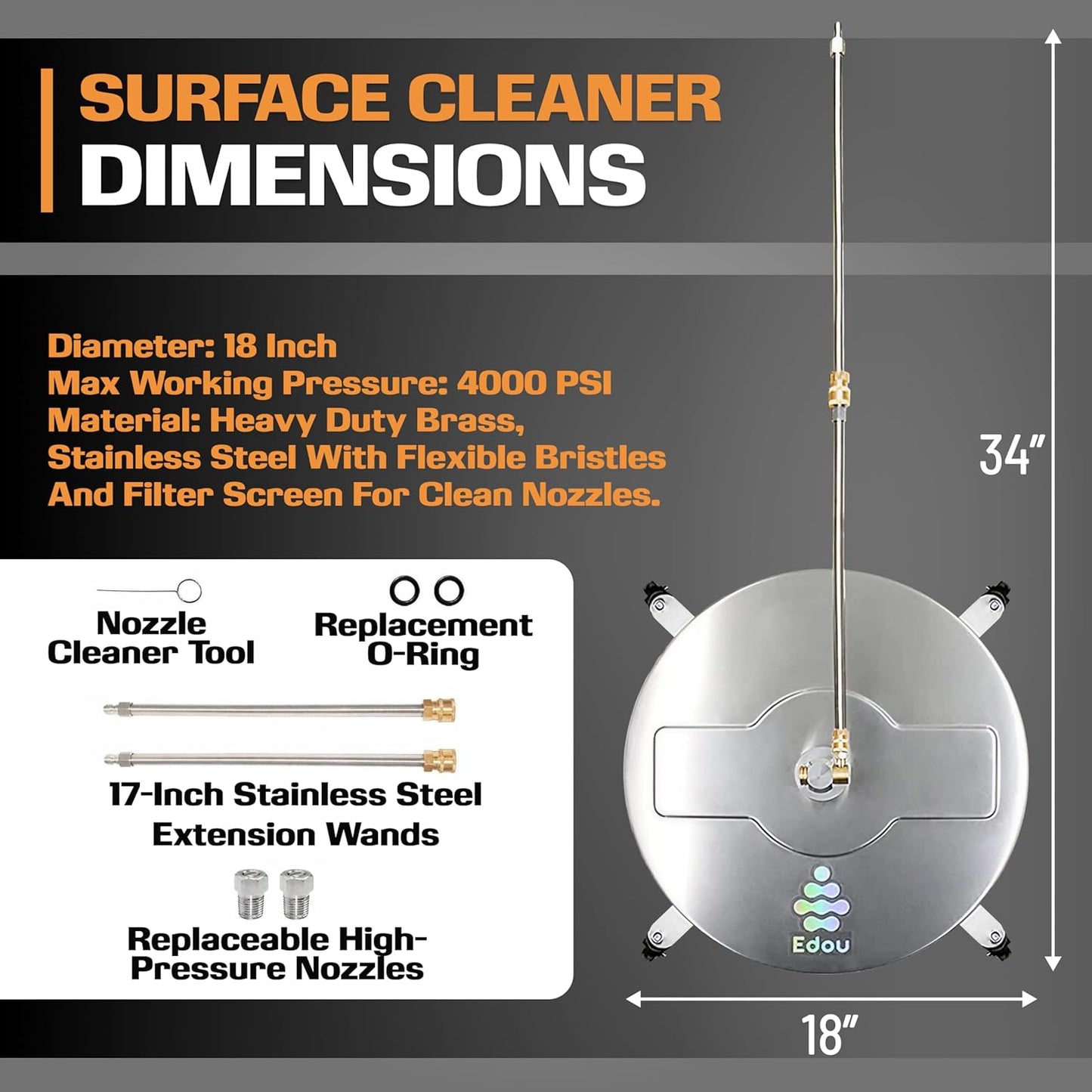 (New Open Box) EDOU 18 inch Pressure Washer Surface Cleaner - Stainless Steel Power Washer - 4,000 PSI Max