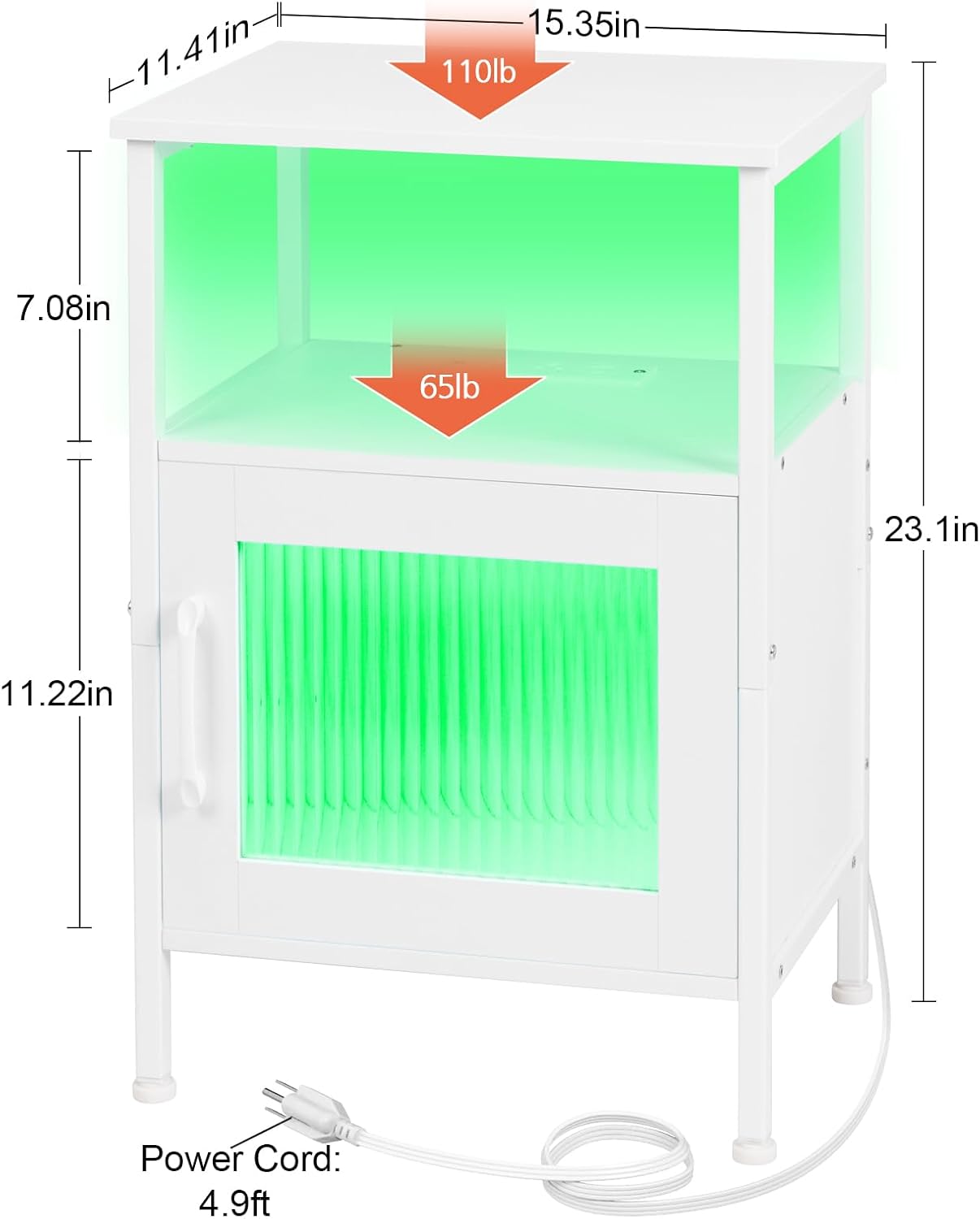 (New Open Box) LOAKEKEL Night Stand, LED Nightstand with Charging Station, Small End Table with Glass Door and Storage Shelf, Modern Side Table with USB Ports & Outlets, Bedside Table for Bedroom, White, HNS06WT-1