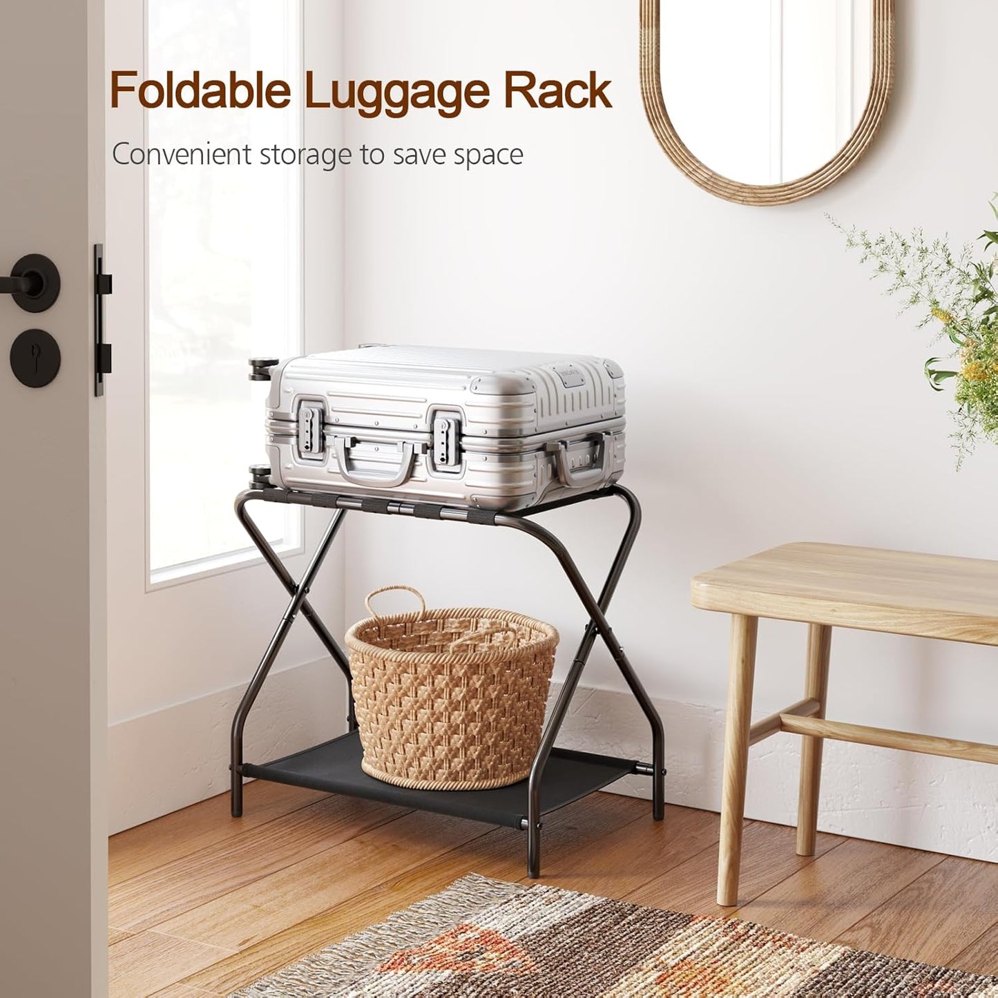 (New Open Box) AMHANCIBLE Luggage Rack, Set of 2, Foldable Suitcase Stands for Guest Room, Metal Luggage Holder with Storage Shelf for Bedroom, Hotel, Easy Assemble, Black HLR02BK