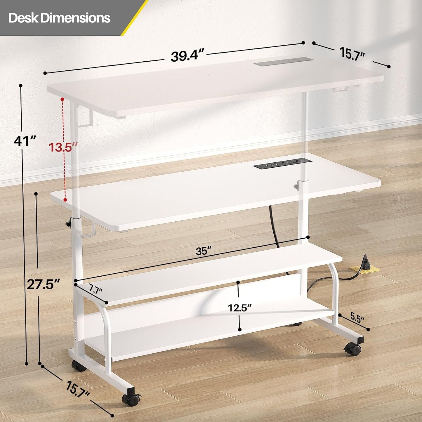 (New Open Box)   Cyclysio 39" Adjustable Height Standing Desk | White • Charging Station • Rolling Mobile Desk • Storage